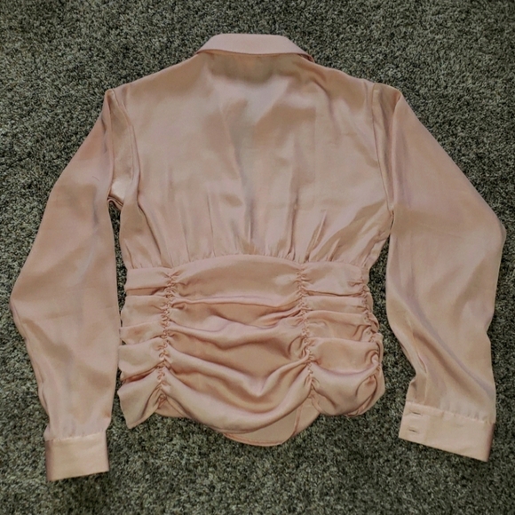 Sheer, Pink, Ruched, Button-up, Blouse - Picture 3 of 5
